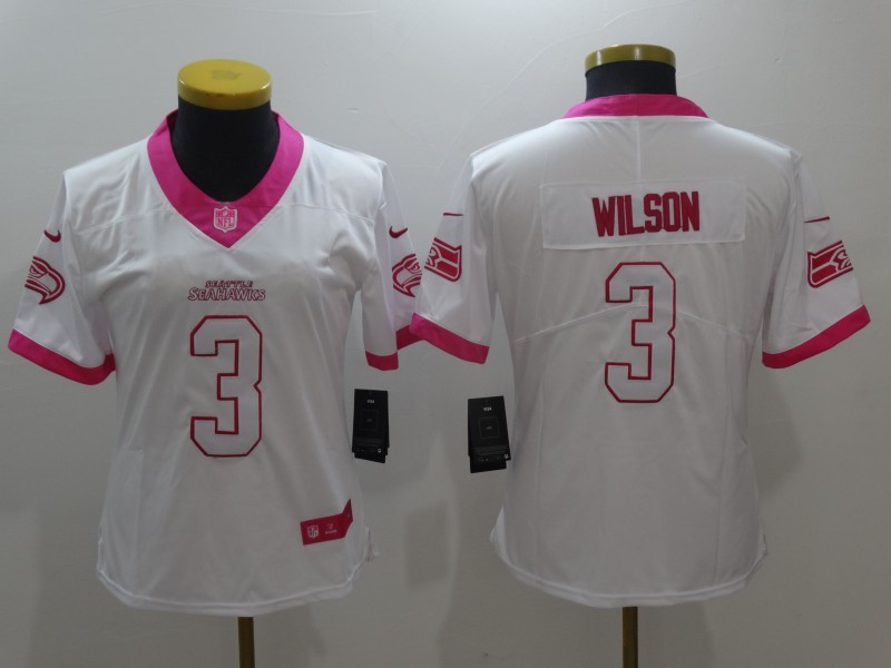 Womens Seattle Seahawks #3 Russell Wilson White Pink Stitched NFL Limited Rush Fashion Jersey->->Women Jersey